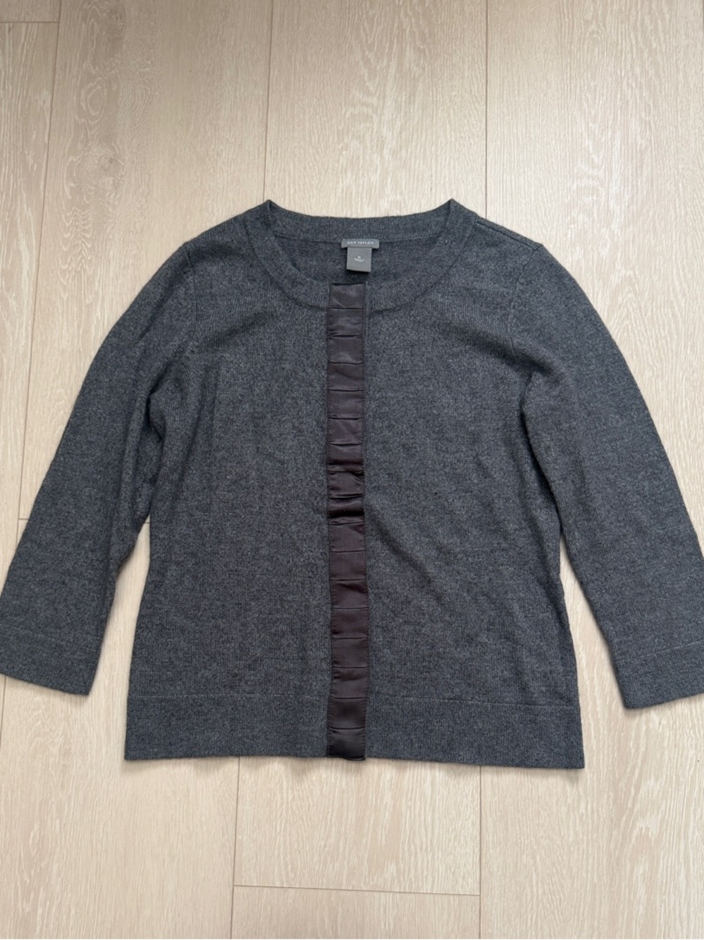 Ann Taylor Merino Wool Charcoal Gray Crewneck Cardigan with Center Ruffle Trim